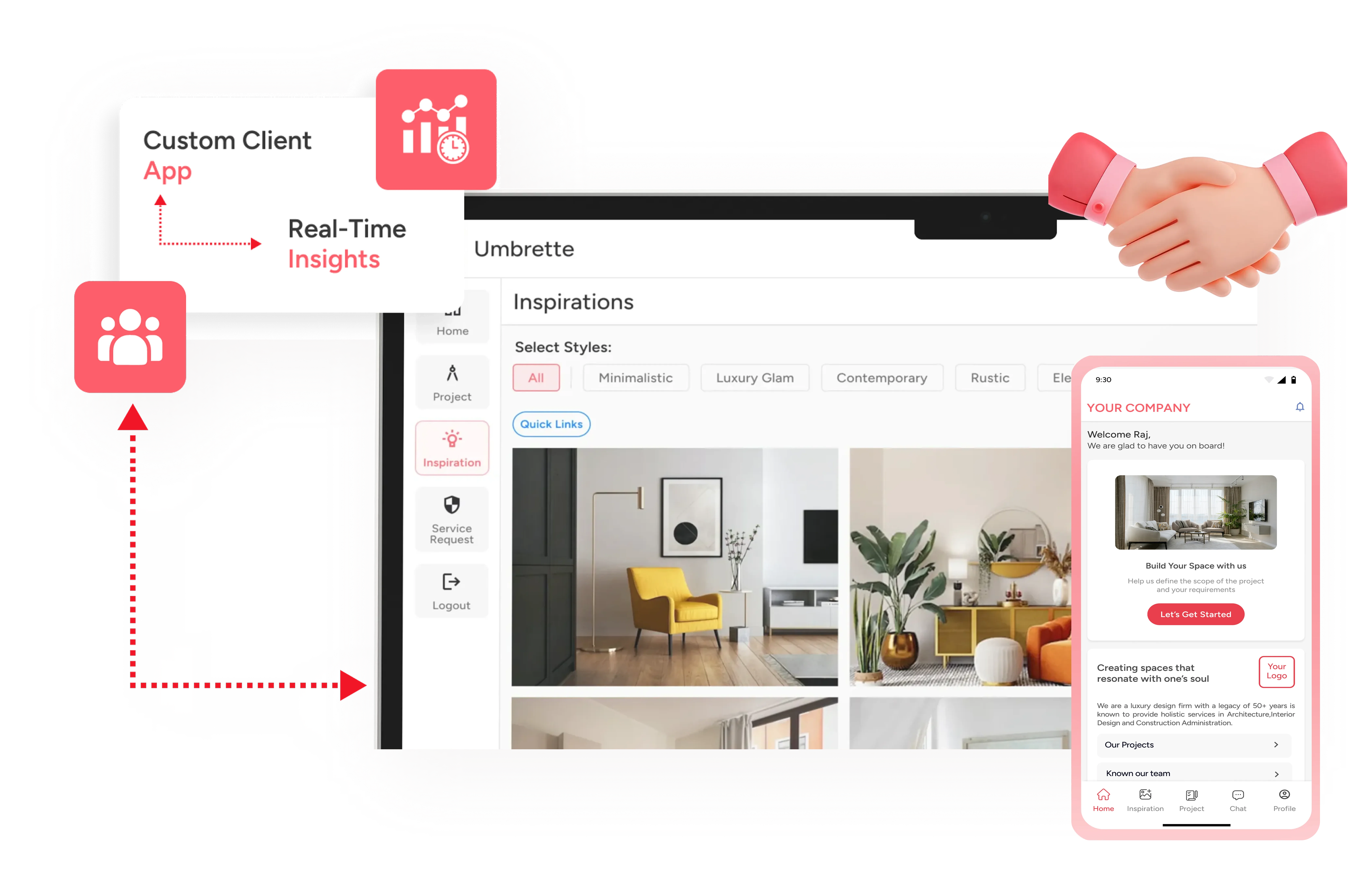 Interior Design Business CRM Solution - Project management dashboard showing room samples, budgets, and collaboration features